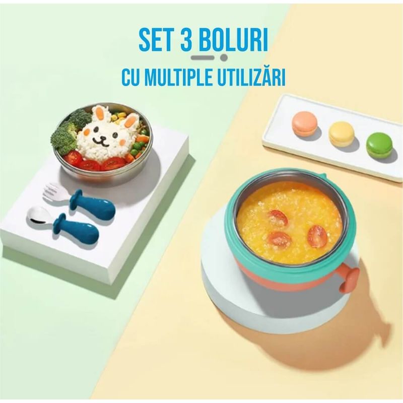 Jucarii, Copii si Bebe - Hrana si alaptare - Biberoane, suzete si accesorii hranire - Articole hranire bebelusi - Set caserola pentru hrana copii 3 in 1, 400 ml, din plastic BPA-free si otel inoxidabil 316 - Infinity.ro