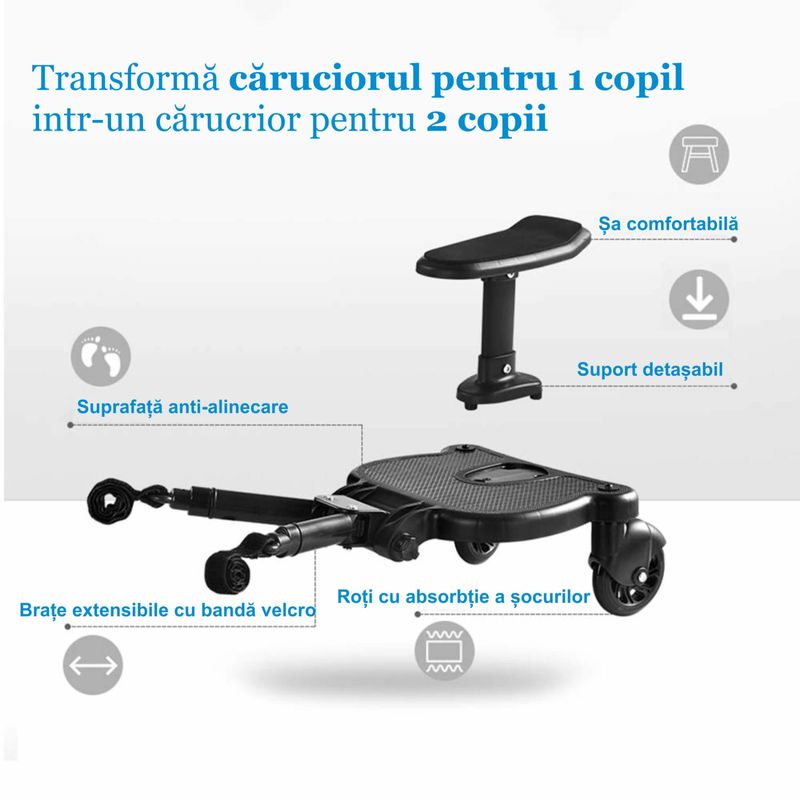 Jucarii, Copii si Bebe - Carucioare si articole de transport - Accesorii transport copii - Adaptor de carucior pentru al doilea copil, remorca carucior, platforma buggy board cu scaun demontabil, 2 roti - Infinity.ro