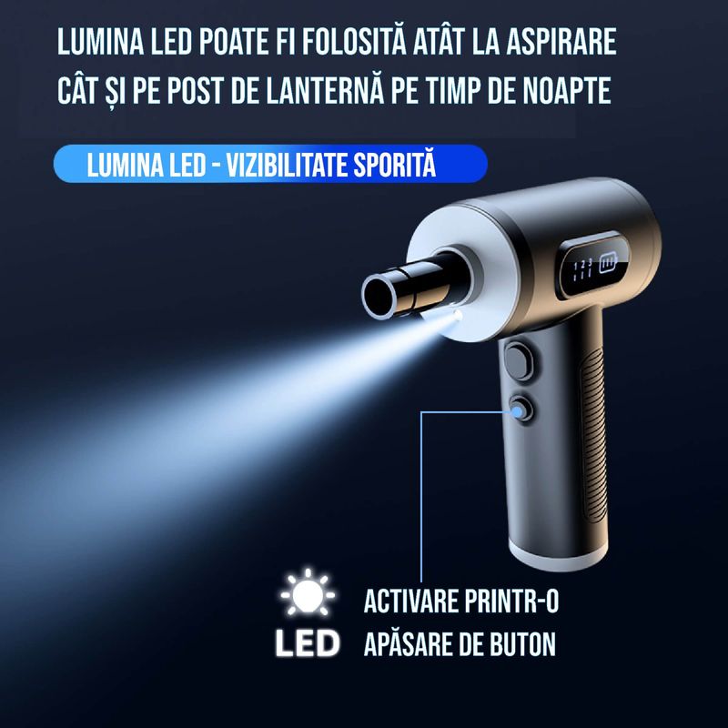 Electronice si Electrocasnice - Ingrijirea locuintei - Aspiratoare - Set aspirator portabil cu suflanta aer, reincarcabil USB, 6000mAh, afisaj LED, 3 viteze, 9x capete adaptoare - Infinity.ro