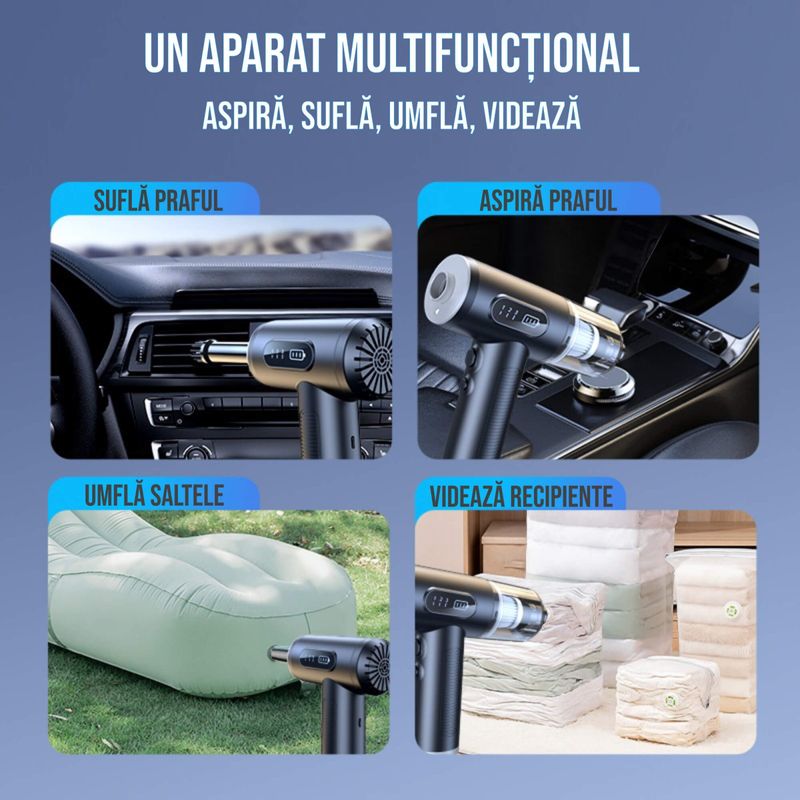 Electronice si Electrocasnice - Ingrijirea locuintei - Aspiratoare - Set aspirator portabil cu suflanta aer, reincarcabil USB, 6000mAh, afisaj LED, 3 viteze, 9x capete adaptoare - Infinity.ro