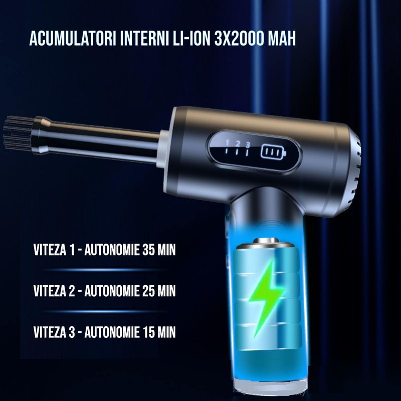 Electronice si Electrocasnice - Ingrijirea locuintei - Aspiratoare - Set aspirator portabil cu suflanta aer, reincarcabil USB, 6000mAh, afisaj LED, 3 viteze, 9x capete adaptoare - Infinity.ro