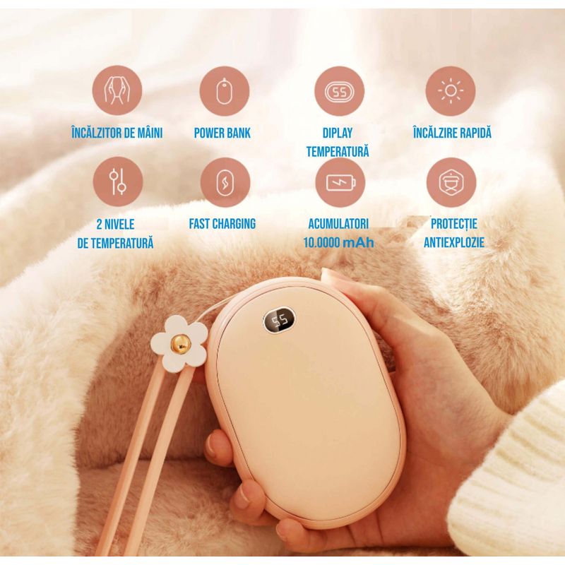 Ingrijire personala si Cosmetice - Sanatate si wellness - Articole wellness - Incalzitoare corporale - Incalzitor de maini Ideas4Comfort cu powerbank 10000mAh, 12W, incarcare USB tip C, 2 trepte incalzire - Infinity.ro