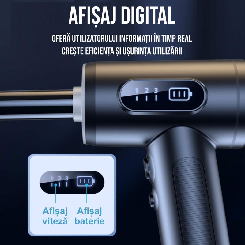 Electronice si Electrocasnice - Ingrijirea locuintei - Aspiratoare - Set aspirator portabil cu suflanta aer, reincarcabil USB, 6000mAh, afisaj LED, 3 viteze, 9x capete adaptoare - Infinity.ro