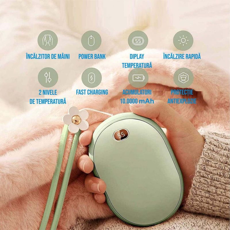 Ingrijire personala si Cosmetice - Sanatate si wellness - Articole wellness - Incalzitoare corporale - Incalzitor de maini Ideas4Comfort cu powerbank 10000mAh, 12W, incarcare USB tip C, 2 trepte incalzire - Infinity.ro