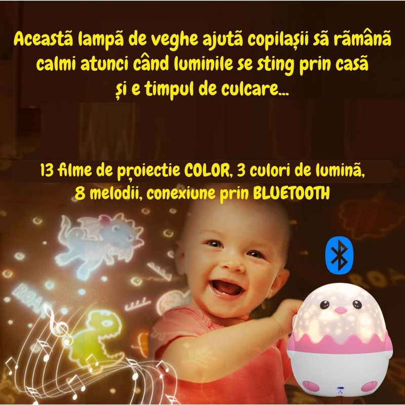 Casa si Gradina - Corpuri si surse de iluminat - Veioze si lampi - Lampi de veghe copii - Lampa muzicala pentru copii cu proiector si cu telecomanda si Bluetooth, portabila cu LEDuri multicolore, telecomanda - Infinity.ro