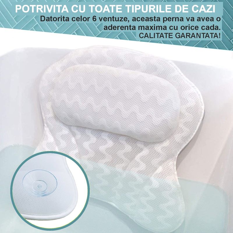 Casa si Gradina - Sanitare - Cazi si cabine de dus - Accesorii cada - Perna baie pentru cada, 6 ventuze, suport cap cada pentru barbati si femei, 3D Mesh, antibacteriana - Infinity.ro