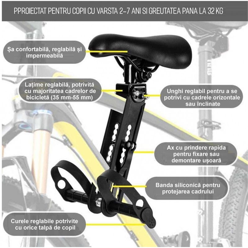 Sport si Outdoor - Ciclism - Accesorii pentru biciclete - Scaune copii pentru biciclete - Scaun copil bicicleta fata, cu montaj pe cadru, 2-5 ani, capacitate 32 kg, sa de copil bicicleta cu suport picioare - Infinity.ro