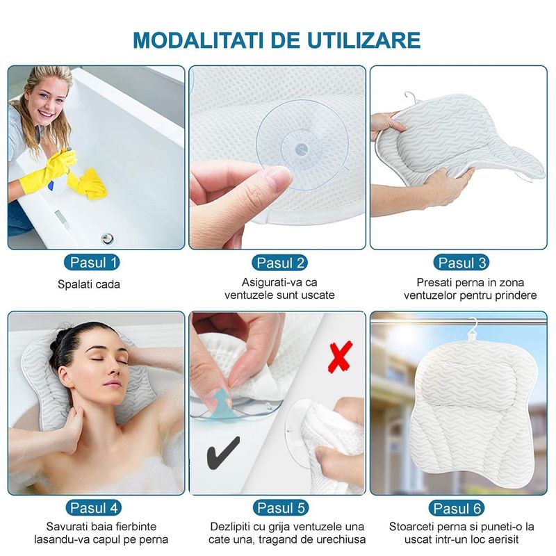 Casa si Gradina - Sanitare - Cazi si cabine de dus - Accesorii cada - Perna baie pentru cada, 6 ventuze, suport cap cada pentru barbati si femei, 3D Mesh, antibacteriana - Infinity.ro