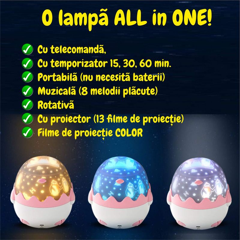 Casa si Gradina - Corpuri si surse de iluminat - Veioze si lampi - Lampi de veghe copii - Lampa muzicala pentru copii cu proiector si cu telecomanda si Bluetooth, portabila cu LEDuri multicolore, telecomanda - Infinity.ro