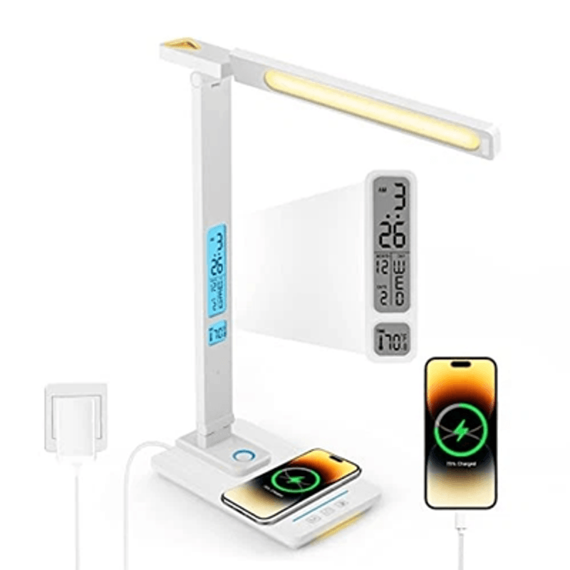 Casa si Gradina - Corpuri si surse de iluminat - Veioze si lampi - Veioze - Lampa de birou cu incarcarcator wireless pentru telefon iOs si Android, afisaj ora, data, temperatura - Infinity.ro