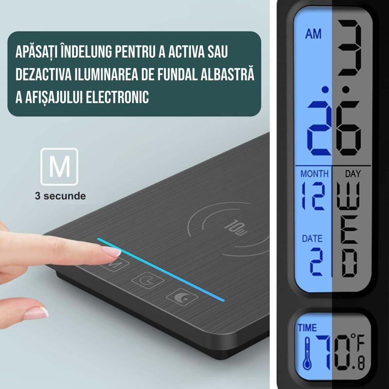 Casa si Gradina - Corpuri si surse de iluminat - Veioze si lampi - Veioze - Lampa de birou cu incarcarcator wireless pentru telefon iOs si Android, afisaj ora, data, temperatura - Infinity.ro