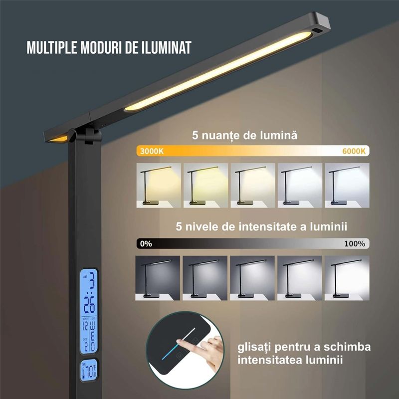 Casa si Gradina - Corpuri si surse de iluminat - Veioze si lampi - Veioze - Lampa de birou cu incarcarcator wireless pentru telefon iOs si Android, afisaj ora, data, temperatura - Infinity.ro