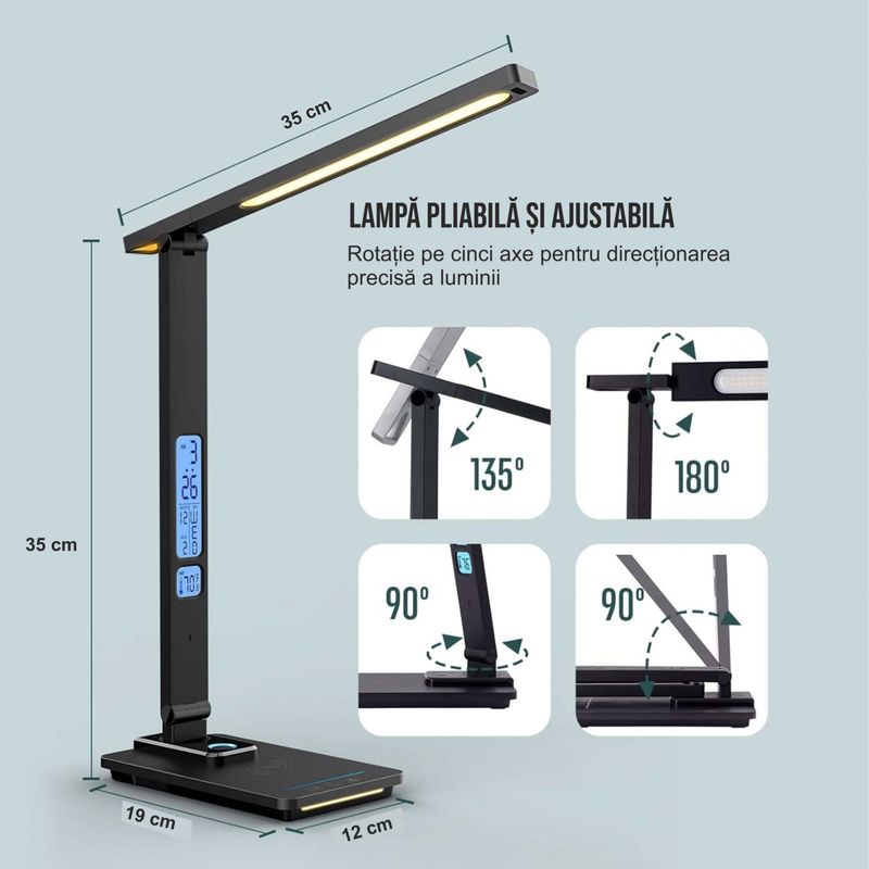 Casa si Gradina - Corpuri si surse de iluminat - Veioze si lampi - Veioze - Lampa de birou cu incarcarcator wireless pentru telefon iOs si Android, afisaj ora, data, temperatura - Infinity.ro