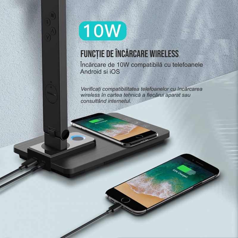 Casa si Gradina - Corpuri si surse de iluminat - Veioze si lampi - Veioze - Lampa de birou cu incarcarcator wireless pentru telefon iOs si Android, afisaj ora, data, temperatura - Infinity.ro