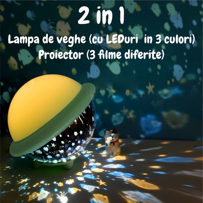 Casa si Gradina - Corpuri si surse de iluminat - Veioze si lampi - Lampi de veghe copii - Lampa de veghe MINI-OZN portabila cu LEDuri pentru copii, cu proiector, lumina 3 culori, reglabila - Infinity.ro