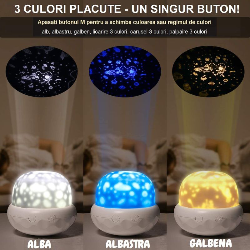 Casa si Gradina - Corpuri si surse de iluminat - Veioze si lampi - Lampi de veghe copii - Lampa de veghe proiector pentru copii portabila cu LEDuri multicolore si cu reglare a intensitatii, lumina alba - Infinity.ro