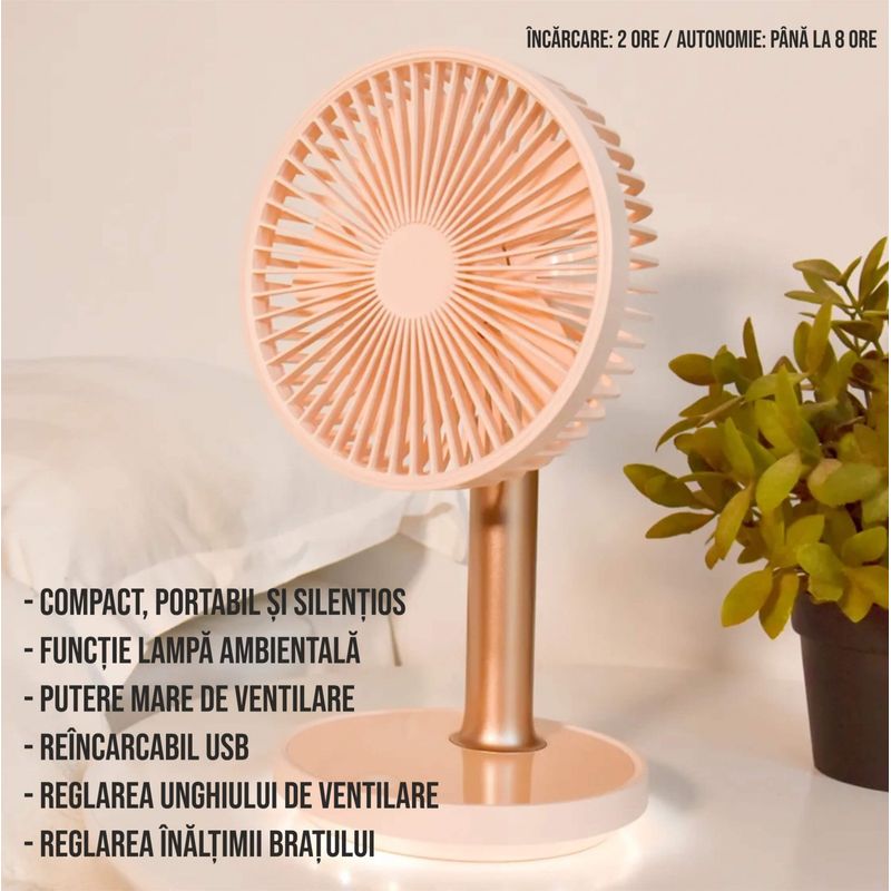 Electronice si Electrocasnice - Climatizare si sisteme de incalzire - Aparate racire aer - Ventilatoare - Ventilator portabil pentru birou, 5 W, acumulator 2000 mAh, brat extensibil, reincarcabil USB, alb Roz - Infinity.ro