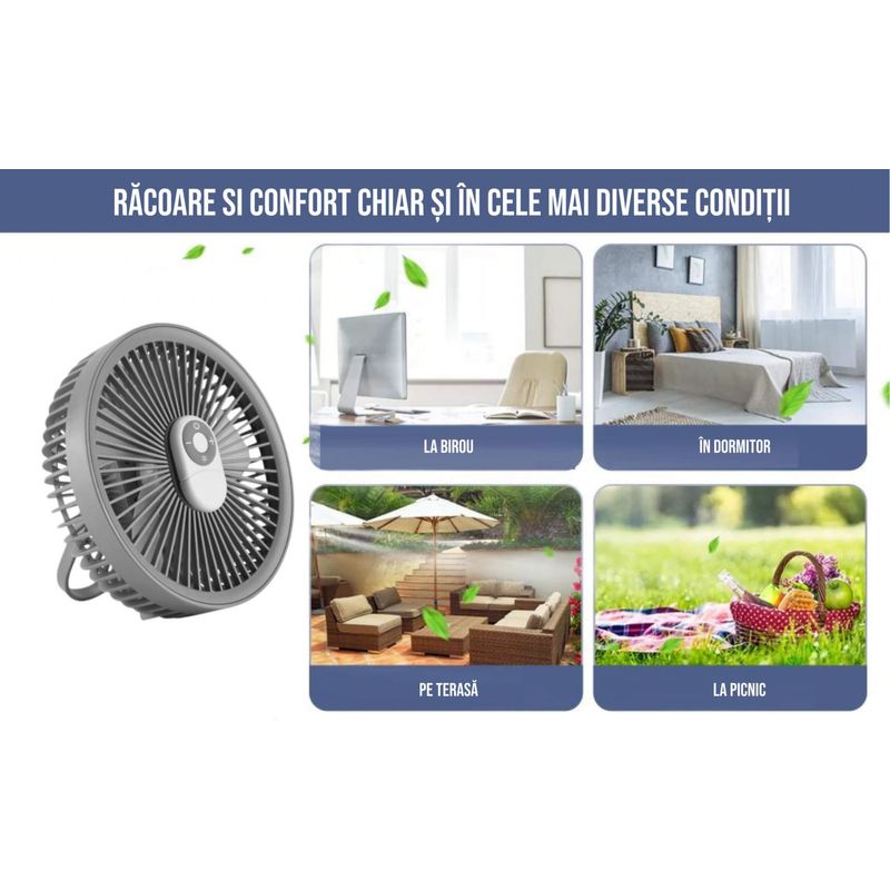 Electronice si Electrocasnice - Climatizare si sisteme de incalzire - Aparate racire aer - Ventilatoare - Ventilator cu carlig-suport portabil, Ideas4Comfort, portabil, telecomanda, reincarcabil USB, acumulatori 10W, 4000mAh - Infinity.ro