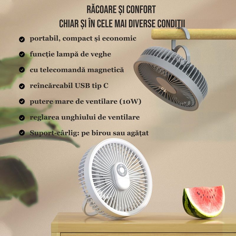 Electronice si Electrocasnice - Climatizare si sisteme de incalzire - Aparate racire aer - Ventilatoare - Ventilator cu carlig-suport portabil, Ideas4Comfort, portabil, telecomanda, reincarcabil USB, acumulatori 10W, 4000mAh - Infinity.ro