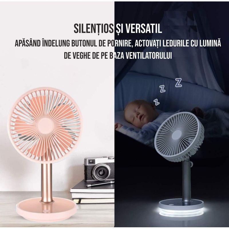 Electronice si Electrocasnice - Climatizare si sisteme de incalzire - Aparate racire aer - Ventilatoare - Ventilator portabil pentru birou, 5 W, acumulator 2000 mAh, brat extensibil, reincarcabil USB, alb Roz - Infinity.ro