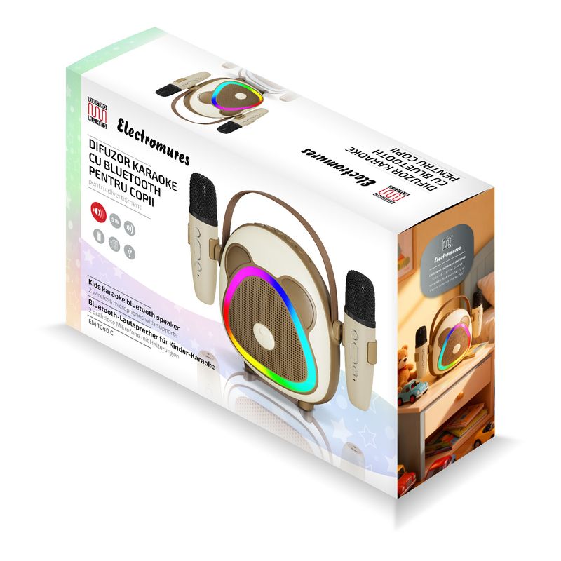 TV, Audio-Video si Foto - Portabile audio - Boxe portabile - Boxa Portabila Karaoke cu Bluetooth pentru copii,Electromures EM 1040 C,Port USB si TF,2 microfoane,6 efecte vocale,Maro - Infinity.ro