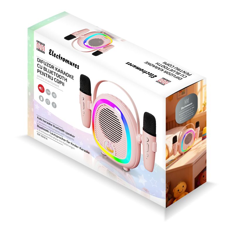 TV, Audio-Video si Foto - Portabile audio - Boxe portabile - Boxa Portabila Karaoke cu Bluethooth pentru copii,Electromures EM 1040 A,Port USB si TF,2 microfoane,6 efecte vocale,Roz - Infinity.ro