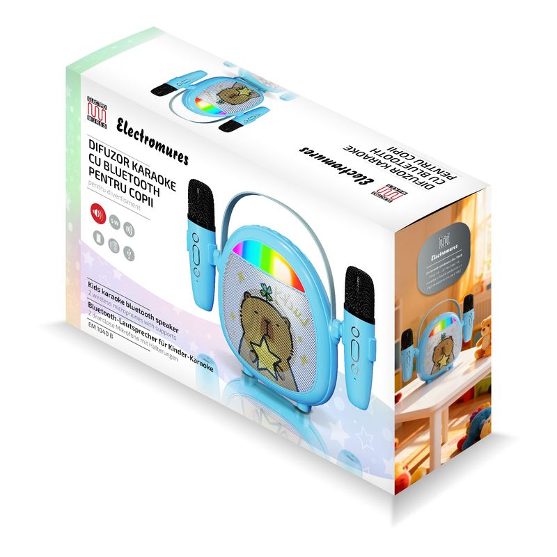 TV, Audio-Video si Foto - Portabile audio - Boxe portabile - Difuzor Karaoke cu Bluethooth pentru copii, Electromures EM 1040 B, Port USB si TF,2 microfoane,6 efecte vocale,Albastru - Infinity.ro