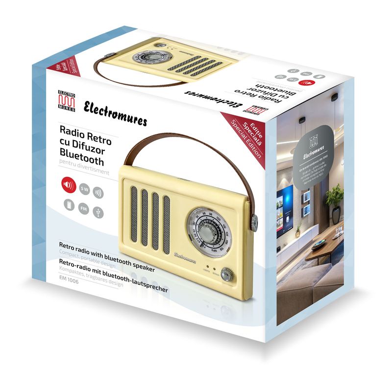 TV, Audio-Video si Foto - Portabile audio - Radio - Radio retro cu Bluetooth Electromures EM 1006, 5V, Baterie 1500 mAh, Autonomie 6 h, Port USB, Yellow - Infinity.ro