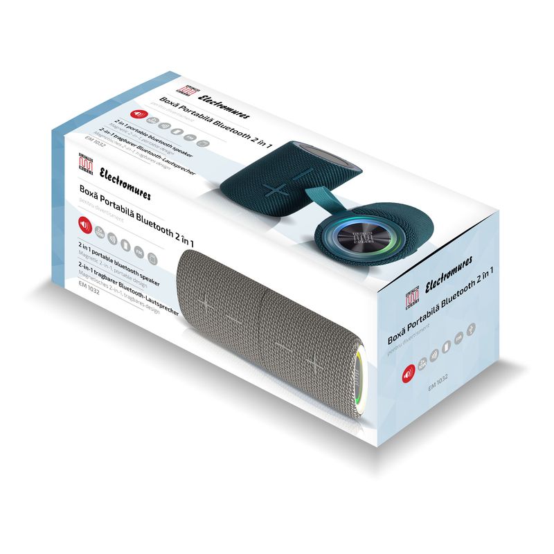 TV, Audio-Video si Foto - Portabile audio - Boxe portabile - Boxa portabila Electromures EM 1032, 2 in 1 cu Magnet,Bluetooth 5.4, microSD, 2x10W,Radio FM, RGB,TWS, IPX6,Culoare Teal - Infinity.ro