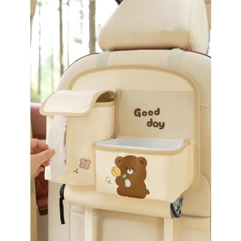 Casa si Gradina - Mobilier - Organizare si depozitare - Cutii depozitare - Geanta Multifunctionala de Depozitare, Daemi, Model Ursuleti, Scris Good Day, Suport Servetele si Telefon, 25x31 cm, Bej - Infinity.ro