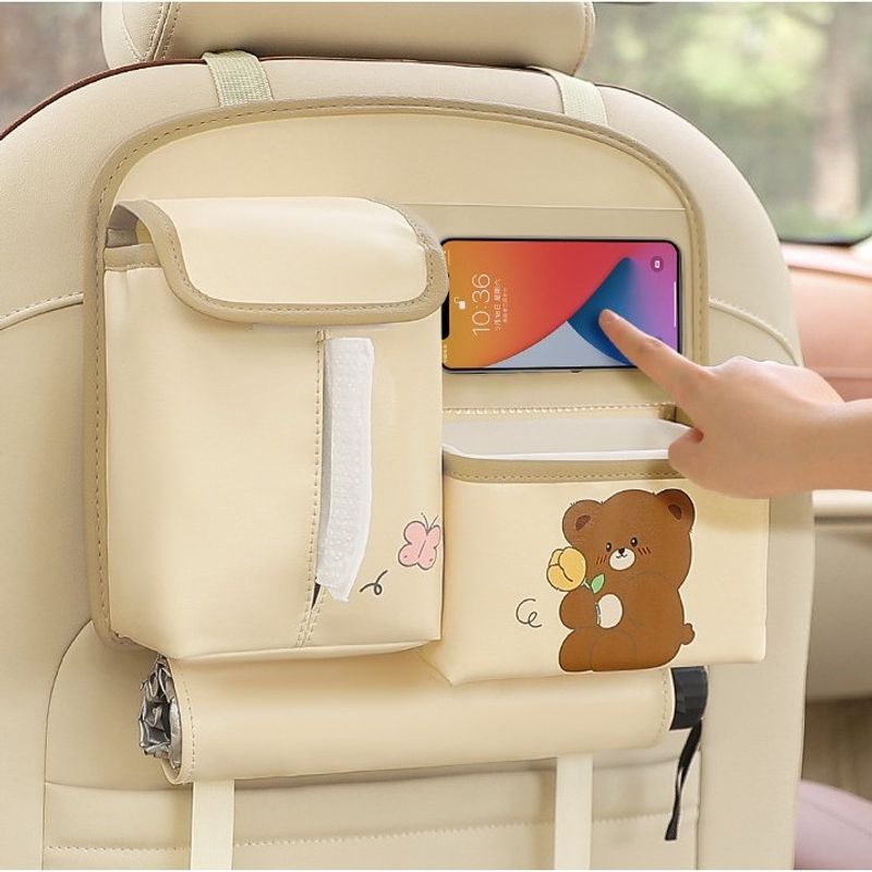 Casa si Gradina - Mobilier - Organizare si depozitare - Cutii depozitare - Geanta Multifunctionala de Depozitare, Daemi, Model Ursuleti, Scris Good Day, Suport Servetele si Telefon, 25x31 cm, Bej - Infinity.ro