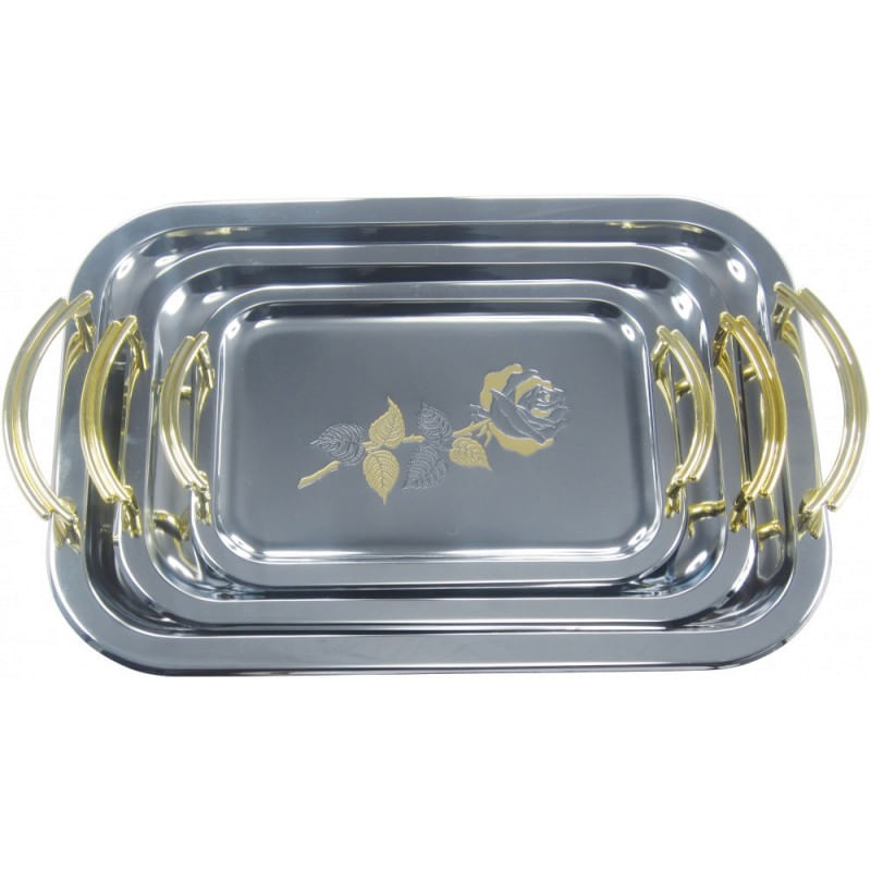 Set tavi Bohmann din inox pentru servire, manere gold, model trandafir