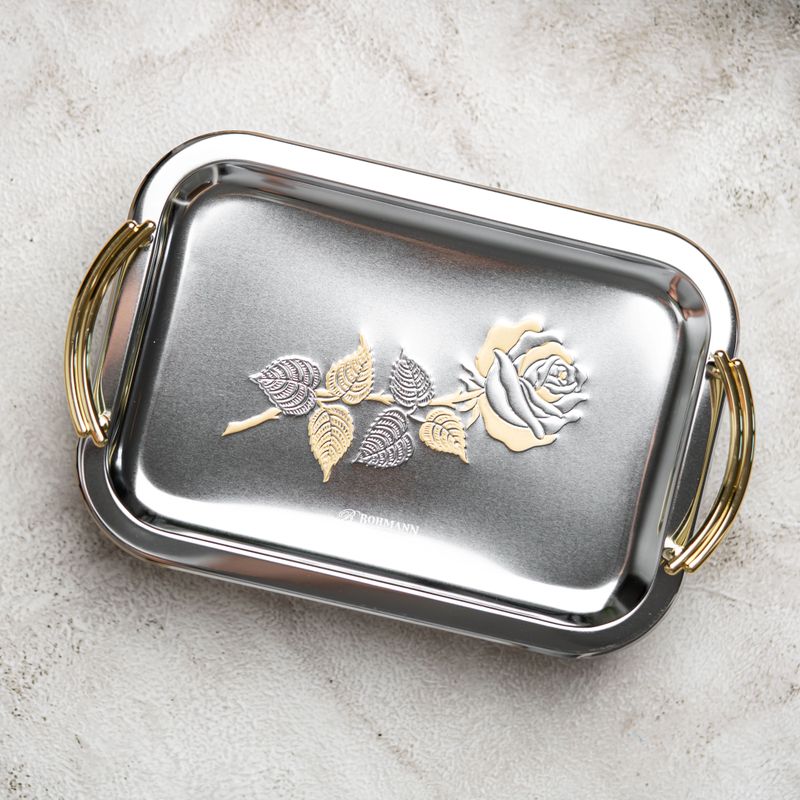 Casa si Gradina - Bucatarie si vesela - Ustensile bucatarie - Tavi servire - Set tavi Bohmann din inox pentru servire, manere gold, model trandafir - Infinity.ro