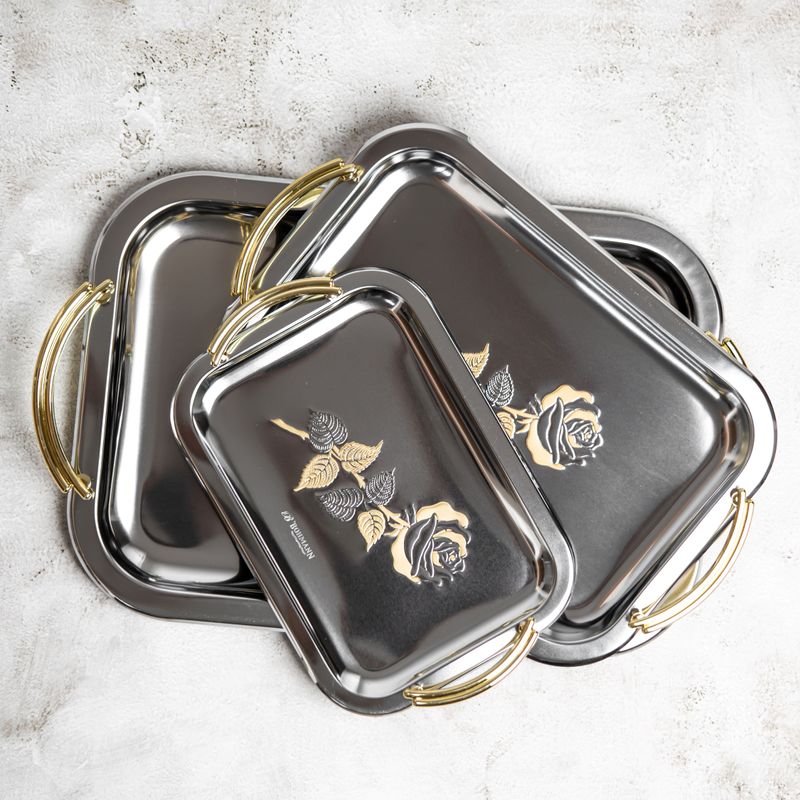 Casa si Gradina - Bucatarie si vesela - Ustensile bucatarie - Tavi servire - Set tavi Bohmann din inox pentru servire, manere gold, model trandafir - Infinity.ro