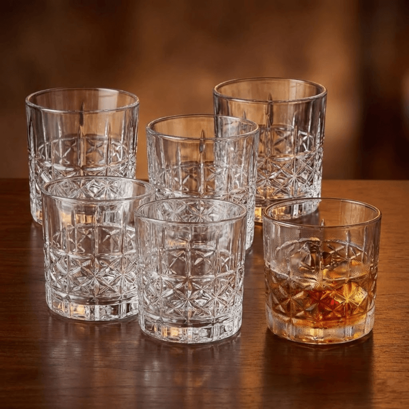 Casa si Gradina - Bucatarie si vesela - Cani si pahare - Pahare - Set 6 pahare cristal MADGENIX Classix 215ml pentru whisky si bourbon, design elegant cu taieturi in relief, pahare tip tumbler joase ideal cadou - Infinity.ro