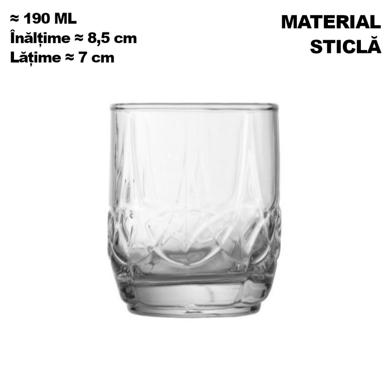 Casa si Gradina - Bucatarie si vesela - Cani si pahare - Pahare - Set 6 pahare din sticla transparenta tip tumbler decorata pentru whisky, bauturi fine si digestiv 190ml MADGENIX - Infinity.ro