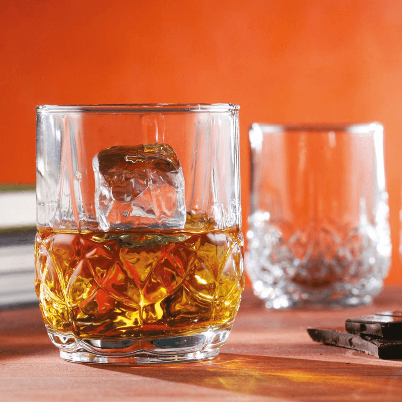 Casa si Gradina - Bucatarie si vesela - Cani si pahare - Pahare - Set 6 pahare din sticla transparenta tip tumbler decorata pentru whisky, bauturi fine si digestiv 190ml MADGENIX - Infinity.ro