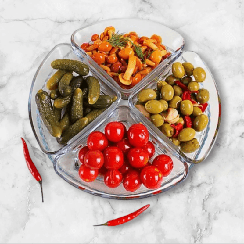 Casa si Gradina - Bucatarie si vesela - Vesela si tacamuri - Vesela pentru servire - Set servire 5 piese MADGENIX Denis, platou cu 4 boluri de sticla 200 ml pentru aperitive, sosuri, gustari si snacks, vesela terasa si evenimente - Infinity.ro