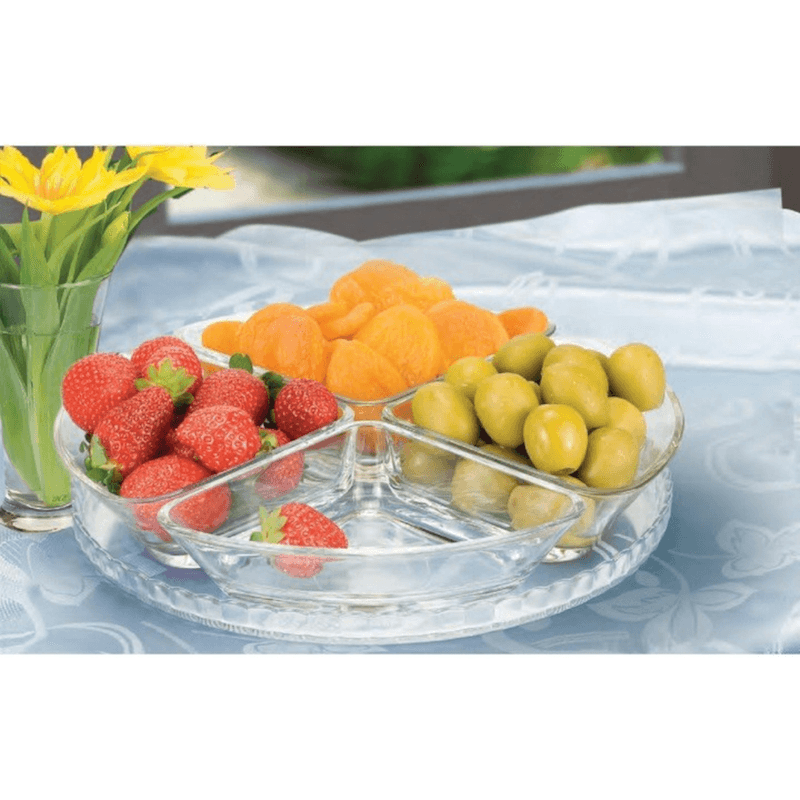 Casa si Gradina - Bucatarie si vesela - Vesela si tacamuri - Vesela pentru servire - Set servire 5 piese MADGENIX Denis, platou cu 4 boluri de sticla 200 ml pentru aperitive, sosuri, gustari si snacks, vesela terasa si evenimente - Infinity.ro
