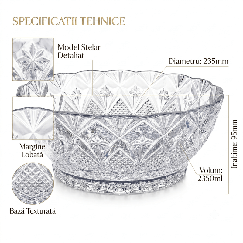 Casa si Gradina - Bucatarie si vesela - Vesela si tacamuri - Farfurii si boluri - Bol din Sticla pentru Salata sau Fructe MADGENIX, Model Cristal Floral, Diametru 23.5 cm, Inaltime 9.5 cm - Infinity.ro
