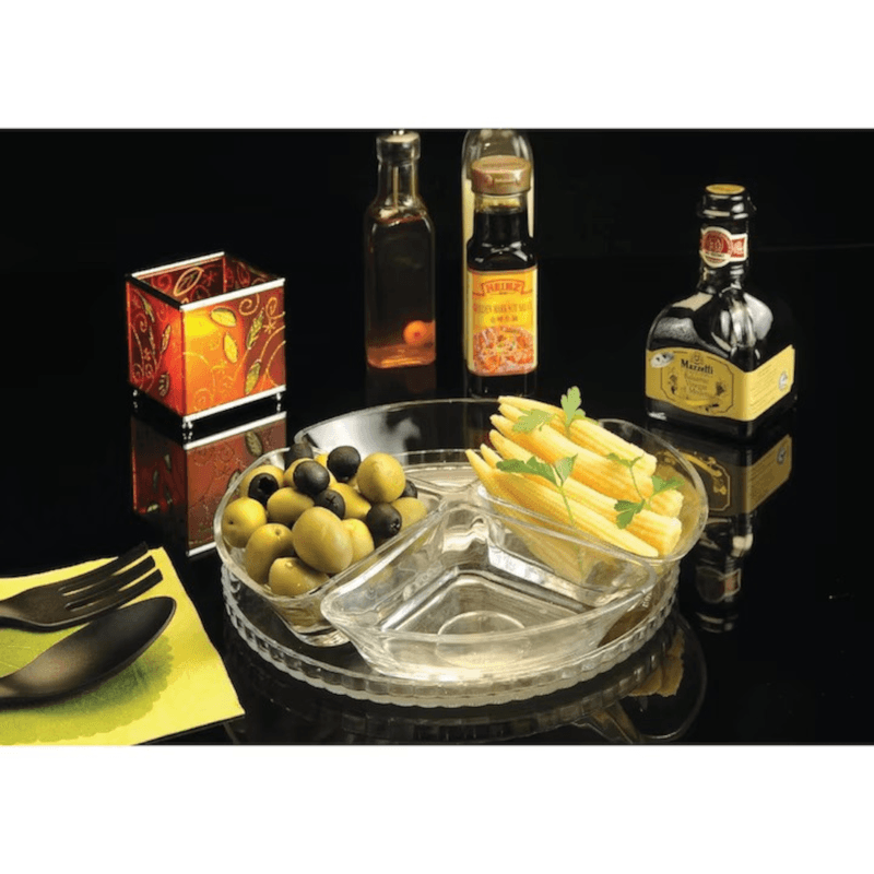 Casa si Gradina - Bucatarie si vesela - Vesela si tacamuri - Vesela pentru servire - Set servire 5 piese MADGENIX Denis, platou cu 4 boluri de sticla 200 ml pentru aperitive, sosuri, gustari si snacks, vesela terasa si evenimente - Infinity.ro