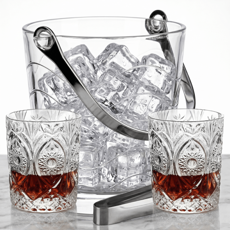 Casa si Gradina - Bucatarie si vesela - Accesorii bar - Frapiere si clesti gheata - Frapiera de Sticla pentru Gheata MADGENIX, 800 ml, Galeata pentru Cuburi de Gheata cu Maner Metalic si Cleste - Infinity.ro