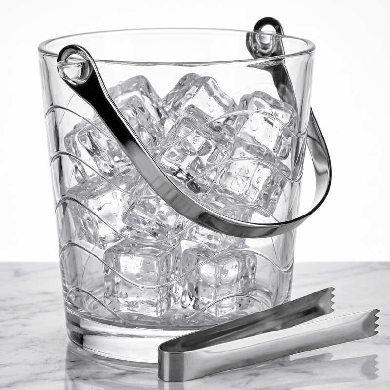 Casa si Gradina - Bucatarie si vesela - Accesorii bar - Frapiere si clesti gheata - Frapiera de Sticla pentru Gheata MADGENIX, 800 ml, Galeata pentru Cuburi de Gheata cu Maner Metalic si Cleste - Infinity.ro