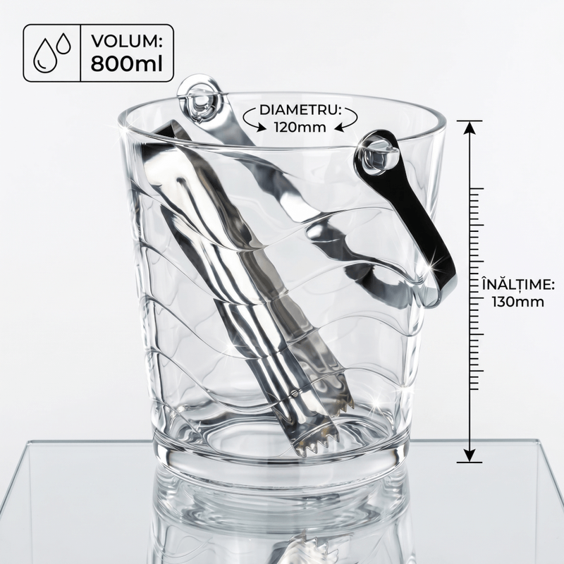 Casa si Gradina - Bucatarie si vesela - Accesorii bar - Frapiere si clesti gheata - Frapiera de Sticla pentru Gheata MADGENIX, 800 ml, Galeata pentru Cuburi de Gheata cu Maner Metalic si Cleste - Infinity.ro