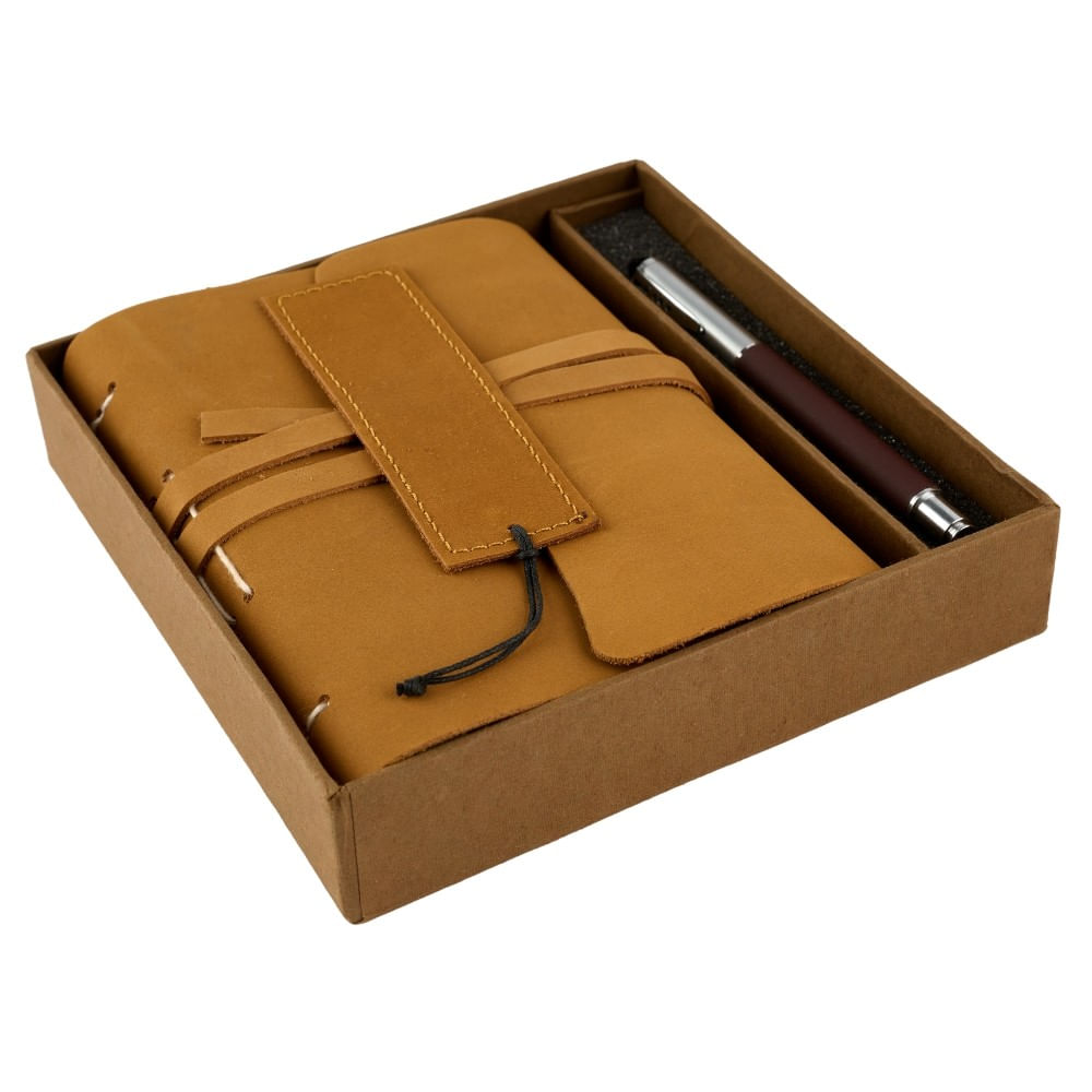 Set Cadou – Jurnal din Piele + Pix | Handmade în India | Jurnal de Recunoștință, Culoare Maro Deschis | 18 X 13 Cm *