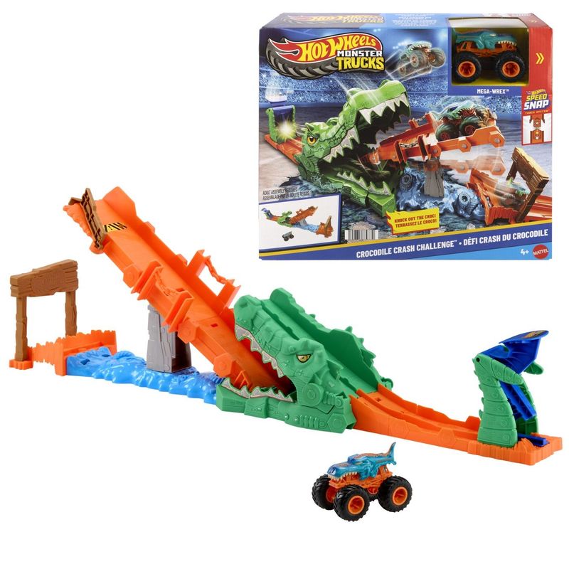Jucarii, Copii si Bebe - Jucarii si jocuri - Vehicule si jucarii cu telecomanda - Masinute - HOT WHEELS MONSTER TRUCK SET DE JOACA PROVOCAREA CROCODILULUI CU MASINUTA MEGA WREX - Infinity.ro