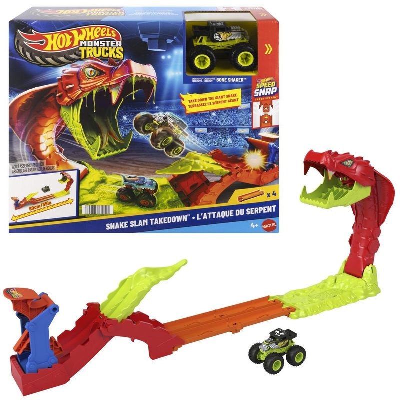 Jucarii, Copii si Bebe - Jucarii si jocuri - Vehicule si jucarii cu telecomanda - Masinute - HOT WHEELS MONSTER TRUCK SET DE JOACA PISTA INVINGE SARPELE URIAS CU MASINUTA BONE SHAKER INCLUSA - Infinity.ro