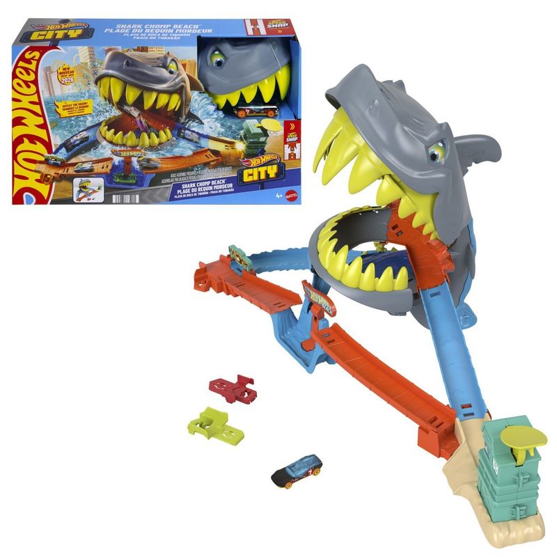 Jucarii, Copii si Bebe - Jucarii si jocuri - Vehicule si jucarii cu telecomanda - Masinute - HOT WHEELS CITY PISTA DE CURSE PLAJA RECHINULUI CHOMP CU MASINUTA INCLUSA - Infinity.ro