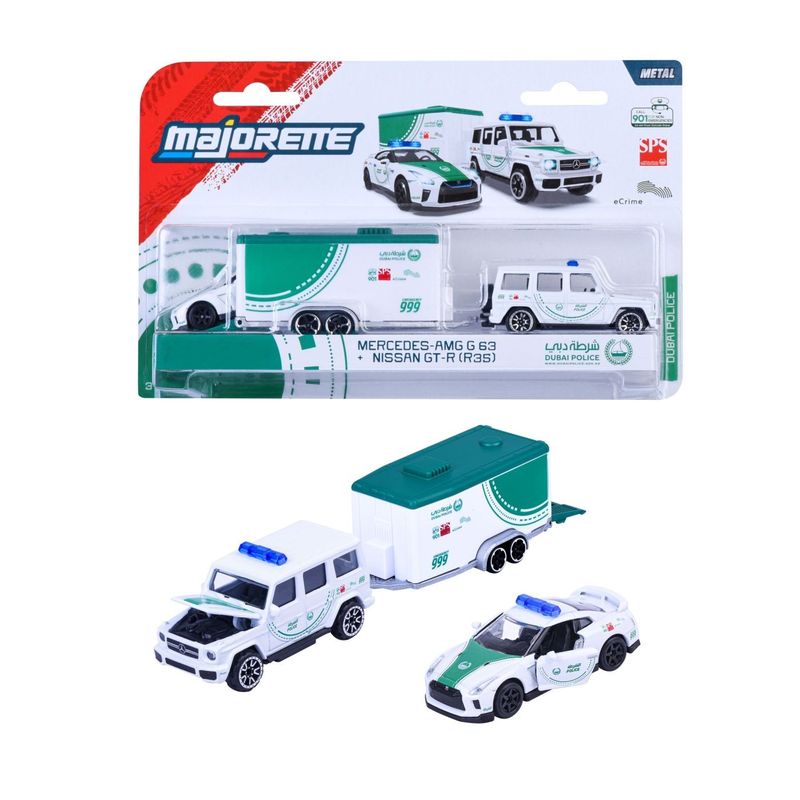 Jucarii, Copii si Bebe - Jucarii si jocuri - Vehicule si jucarii cu telecomanda - Masinute - MAJORETTE SET REMORCA DE POLITIE DUBAI DELUXE MERCEDES AMG G63 SI MASINUTA NISSAN GT-R R35 - Infinity.ro