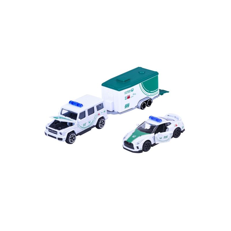 Jucarii, Copii si Bebe - Jucarii si jocuri - Vehicule si jucarii cu telecomanda - Masinute - MAJORETTE SET REMORCA DE POLITIE DUBAI DELUXE MERCEDES AMG G63 SI MASINUTA NISSAN GT-R R35 - Infinity.ro